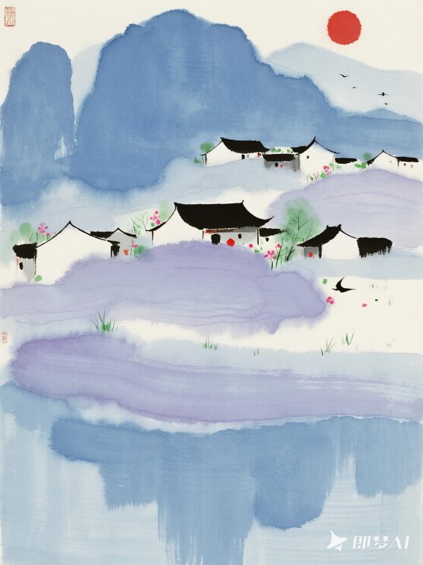 手绘中国风东方蓝色自然山水建筑意境插图海报-即梦ai关键词描述咒语-Ai宇宙吧-