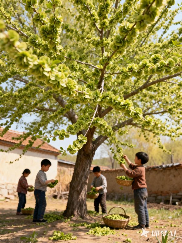 儿童采摘榆钱农村生活气息场景摄影海报-即梦ai关键词描述咒语-Ai宇宙吧-