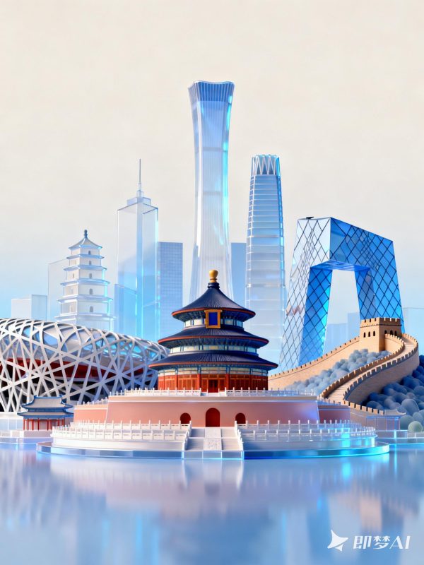 创意蓝色透明玻璃材质北京地标建筑群合集立体数字艺术海报-即梦ai关键词描述咒语-Ai宇宙吧-