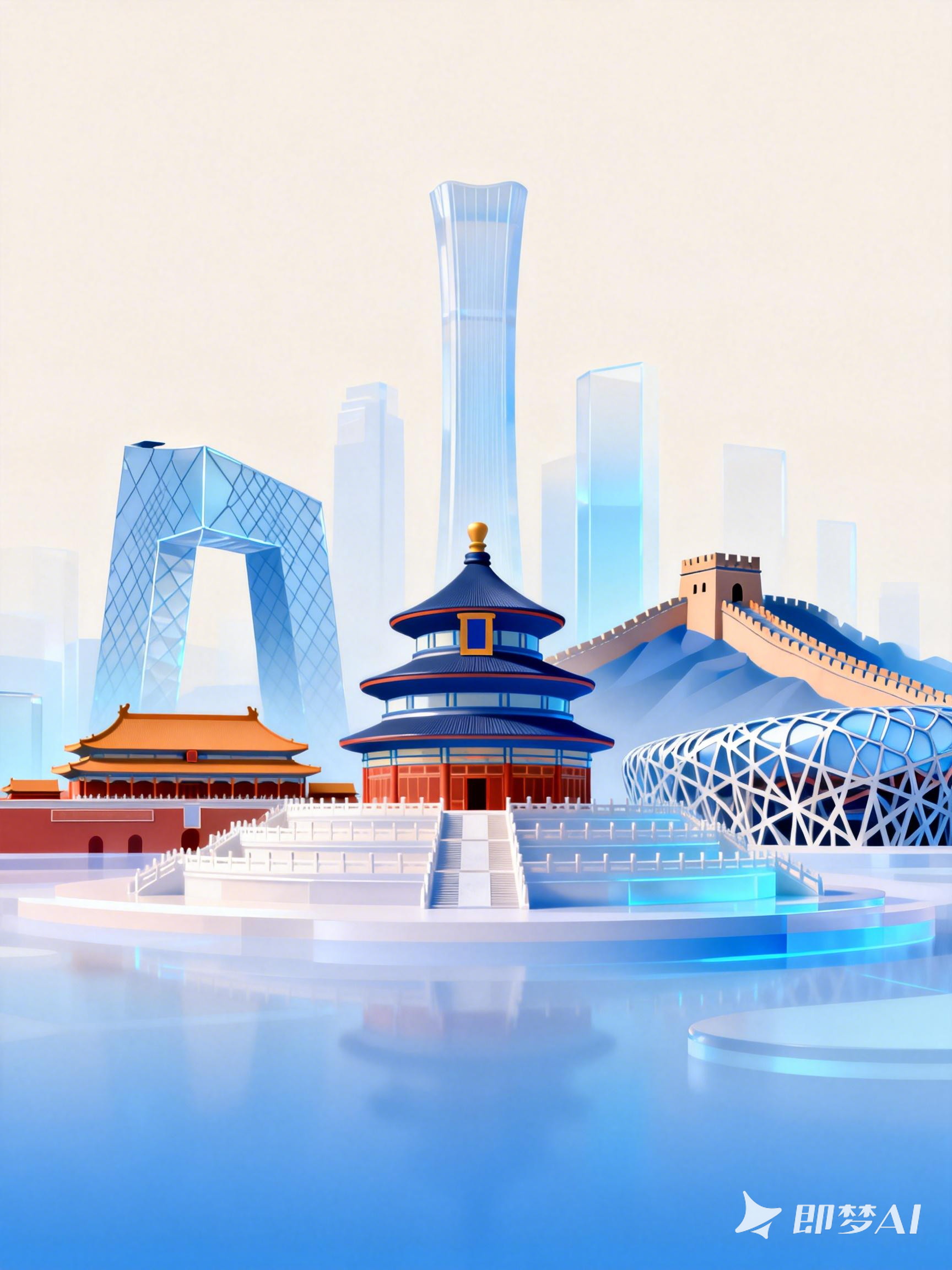 Midjourney - 创意蓝色透明玻璃材质北京地标建筑群合集立体数字艺术海报-即梦ai关键词描述咒语 即梦Ai-Ai宇宙吧-