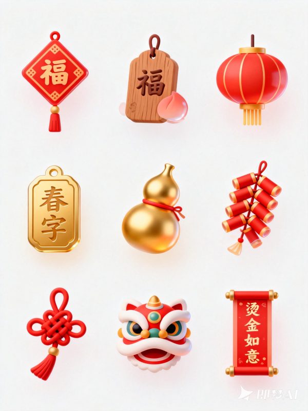 中国风新年元旦春节民俗主题图标Icon立体插图-即梦ai关键词描述咒语-Ai宇宙吧-