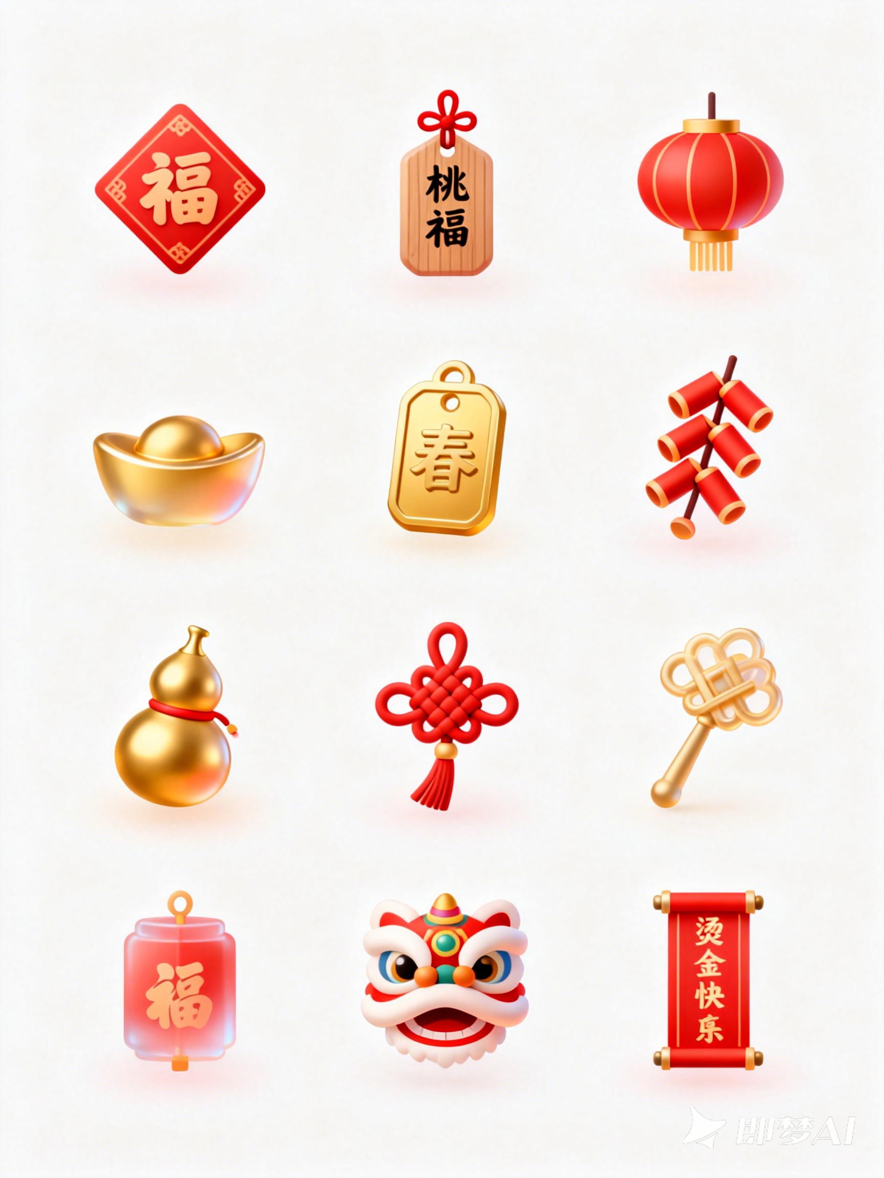 Midjourney - 中国风新年元旦春节民俗主题图标Icon立体插图-即梦ai关键词描述咒语 即梦Ai-Ai宇宙吧-