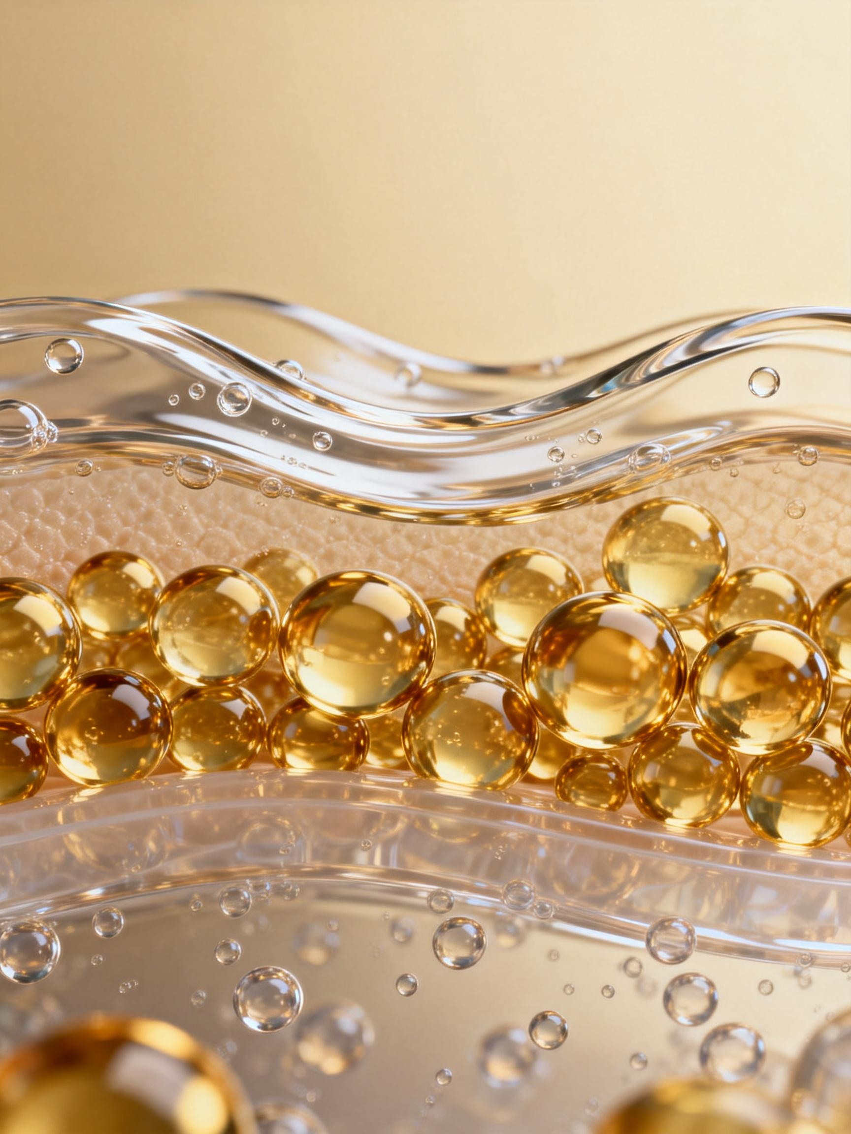 Midjourney - 金色皮肤护肤品分层透明气泡结构产品摄影海报背景-即梦ai关键词描述咒语 即梦Ai-Ai宇宙吧-