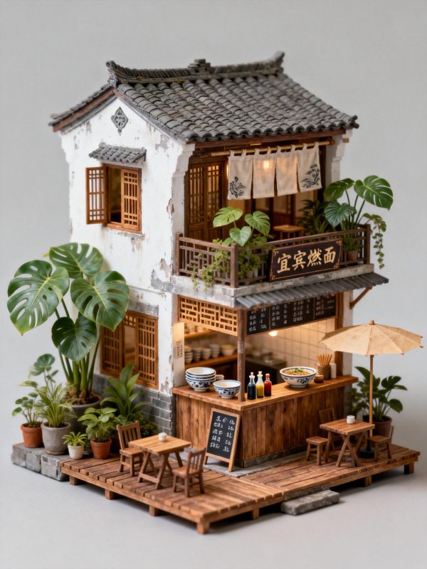 四川宜宾燃面小店建筑微缩场景立体摄影海报-即梦ai关键词描述咒语-Ai宇宙吧-