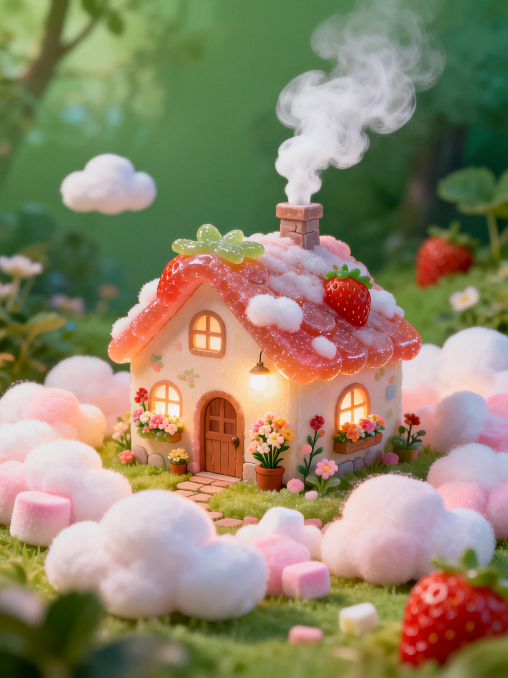 Midjourney - 梦幻仙境童话世界棉花糖草莓小屋场景插图海报-即梦ai关键词描述咒语 即梦Ai-Ai宇宙吧-
