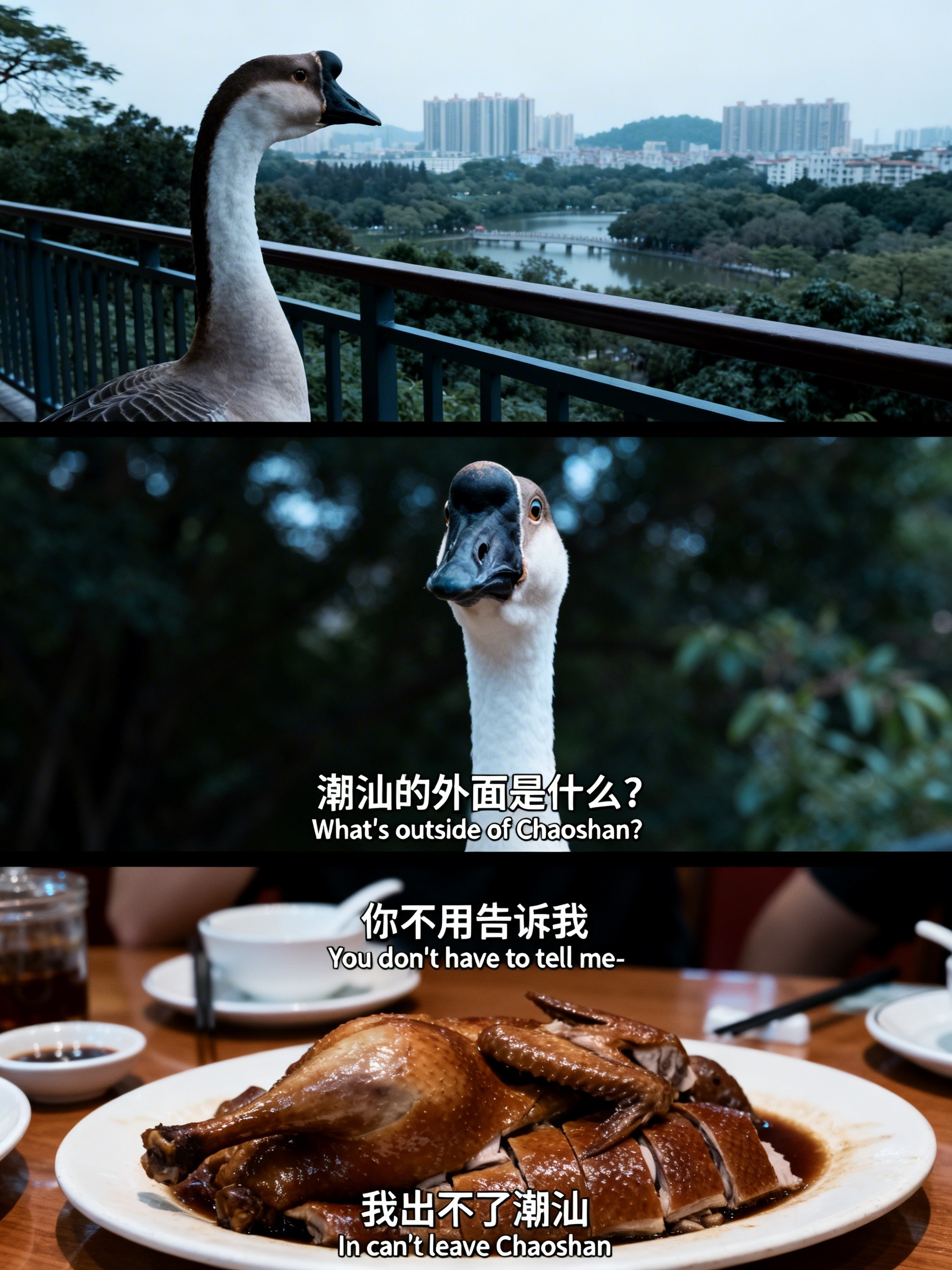 Midjourney - 创意潮汕狮头鹅卤鹅三宫格美食摄影海报-即梦ai关键词描述咒语 即梦Ai-Ai宇宙吧-