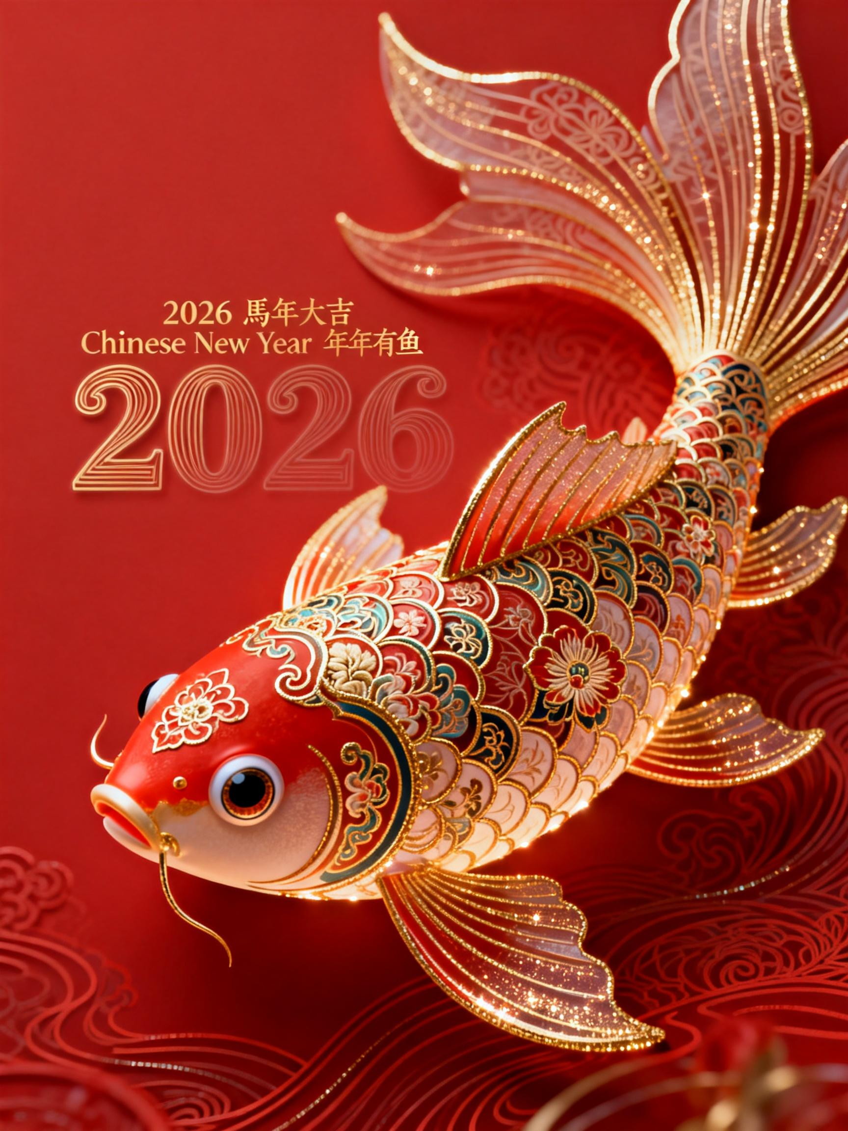 Midjourney - 红色中国风2026年年有鱼金色立体祝福视觉海报-即梦ai关键词描述咒语 即梦Ai-Ai宇宙吧-