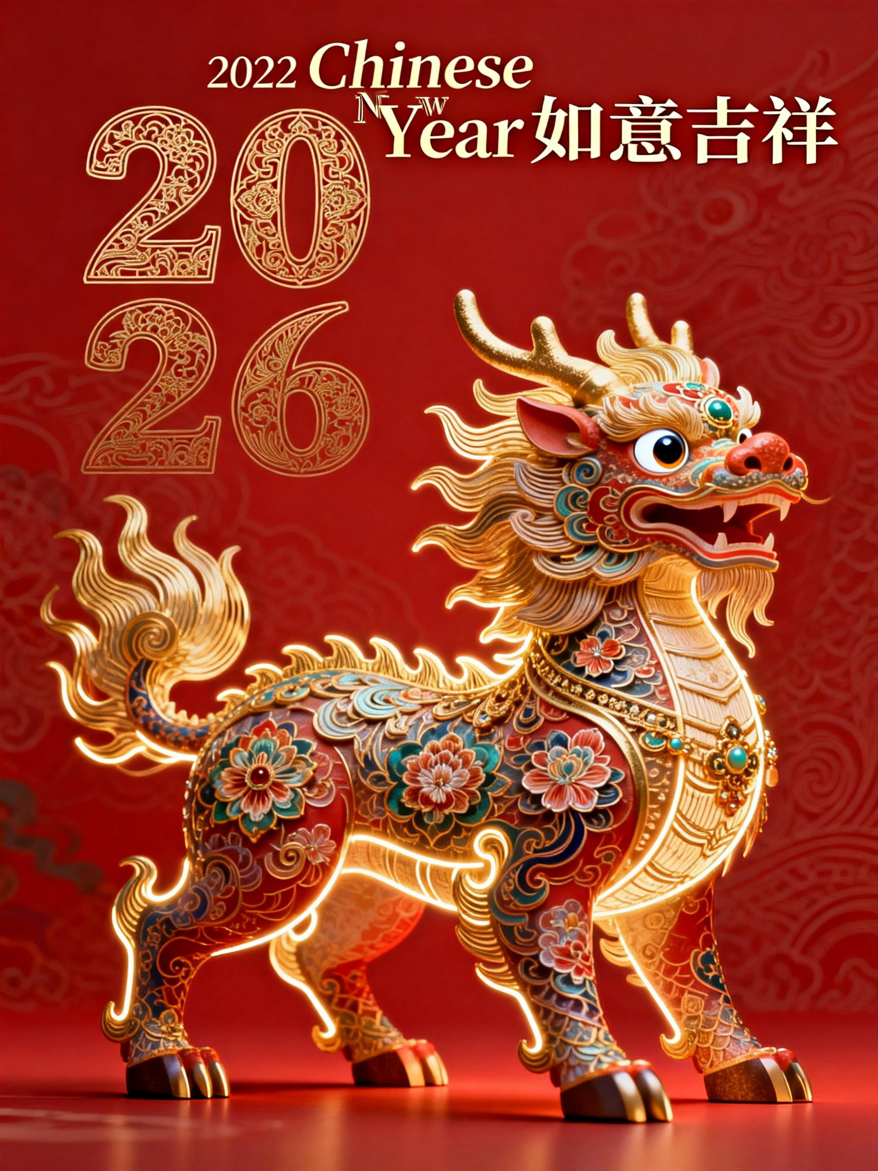 Midjourney - 红色中国风2026金色麒麟祥瑞立体祝福视觉海报-即梦ai关键词描述咒语 即梦Ai-Ai宇宙吧-
