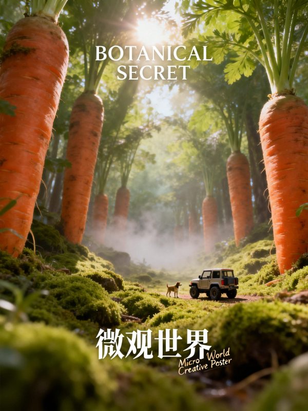 巨型高耸胡萝卜森林越野车宠物微观世界场景摄影海报-即梦ai关键词描述咒语-Ai宇宙吧-