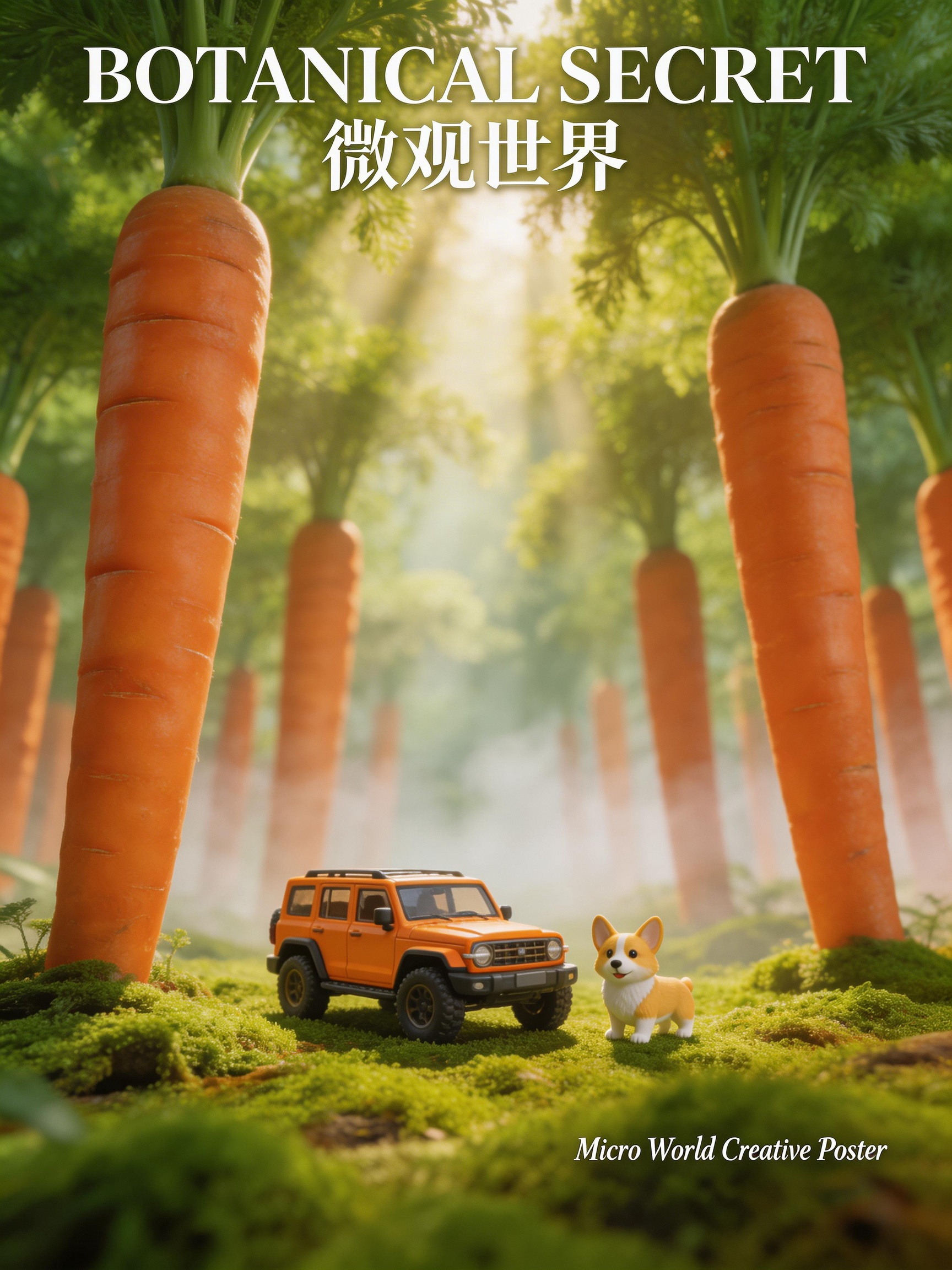 Midjourney - 巨型高耸胡萝卜森林越野车宠物微观世界场景摄影海报-即梦ai关键词描述咒语 即梦Ai-Ai宇宙吧-