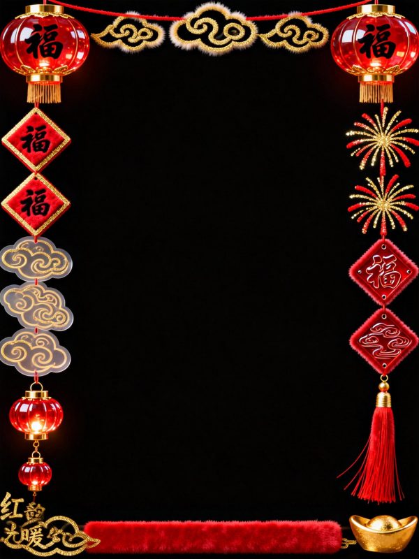 红色新年元旦春节祝福祥云灯笼烟花元素边框背景-即梦ai关键词描述咒语-Ai宇宙吧-