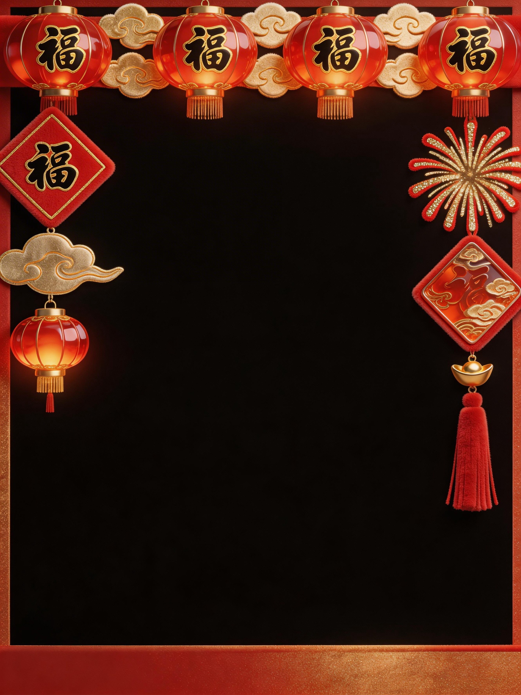 Midjourney - 红色新年元旦春节祝福祥云灯笼烟花元素边框背景-即梦ai关键词描述咒语 即梦Ai-Ai宇宙吧-