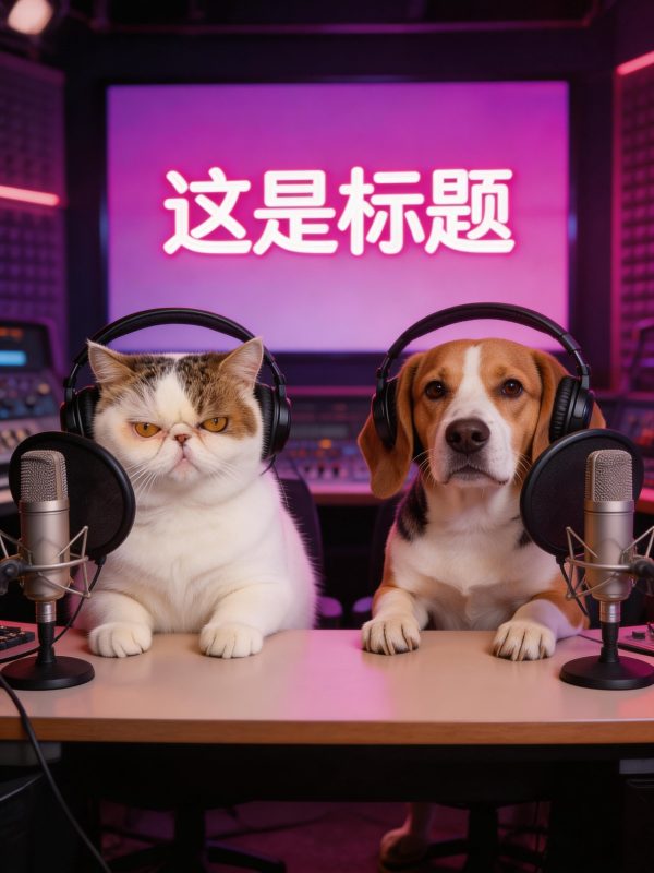 创意微胖加菲猫比格犬电台主播现场播报场景摄影海报-即梦ai关键词描述咒语-Ai宇宙吧-