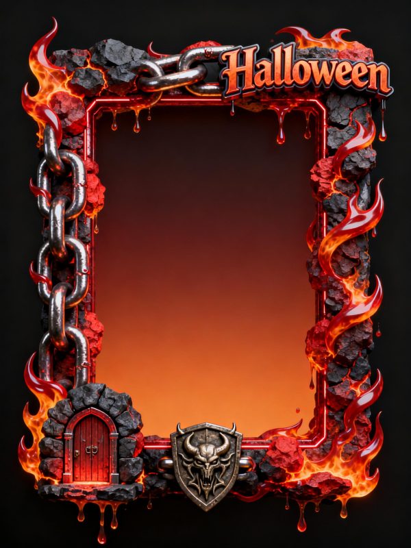 创意神秘3D立体万圣节锁链火焰炼狱门边框背景-即梦ai关键词描述咒语-Ai宇宙吧-