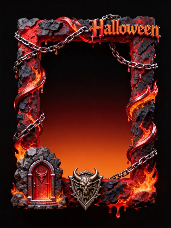 创意神秘3D立体万圣节锁链火焰炼狱门边框背景-即梦ai关键词描述咒语-Ai宇宙吧-