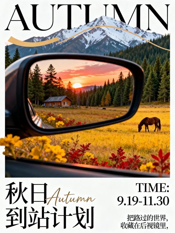 创意秋季后视镜红色落叶树林小屋自然风景杂志摄影封面海报-即梦ai关键词描述咒语-Ai宇宙吧-