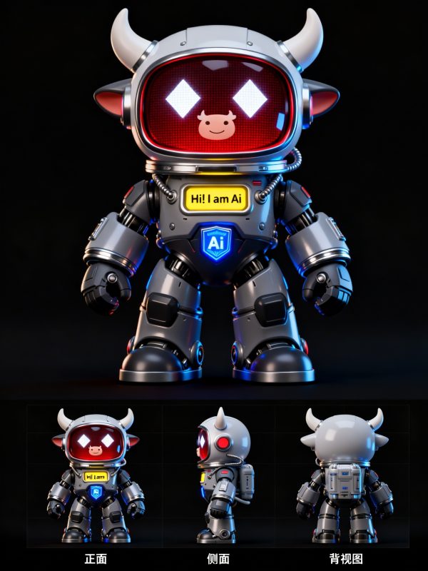 3D立体可爱卡通品牌IP形象太空牛三视角盲盒手办模型-即梦ai关键词描述咒语-Ai宇宙吧-