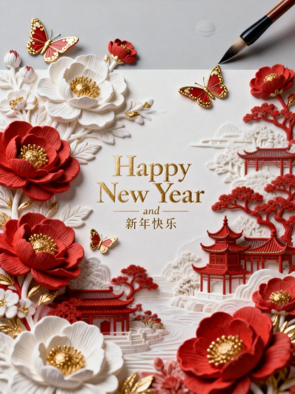 中国风雅致中式园林建筑鲜花立体浮雕效果新年祝福海报-即梦ai关键词描述咒语-Ai宇宙吧-