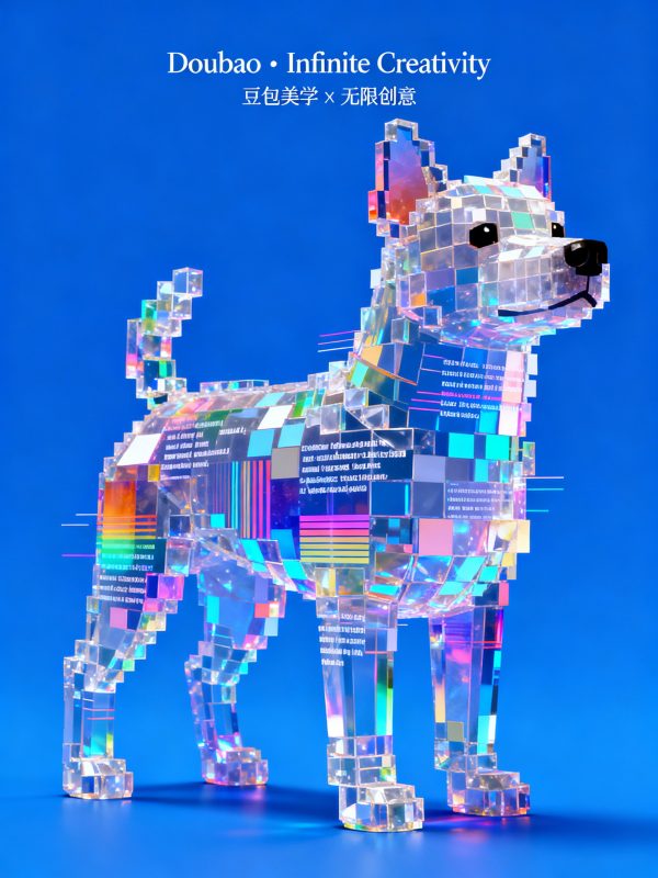 全息炫彩半透明虚拟电子狗像素块立体模型-即梦ai关键词描述咒语-Ai宇宙吧-