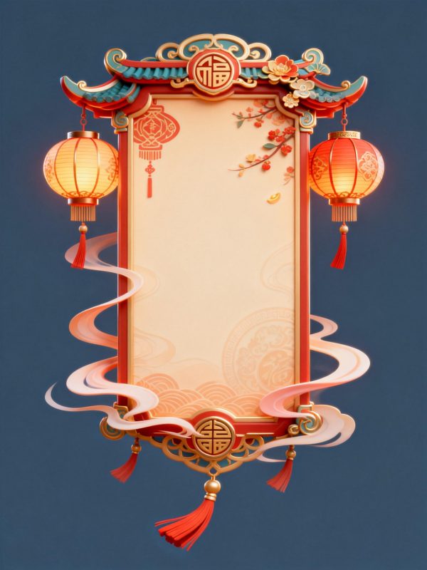 中国风古风喜庆中国新年灯笼祥云吉祥元素标题框背景-即梦ai关键词描述咒语-Ai宇宙吧-