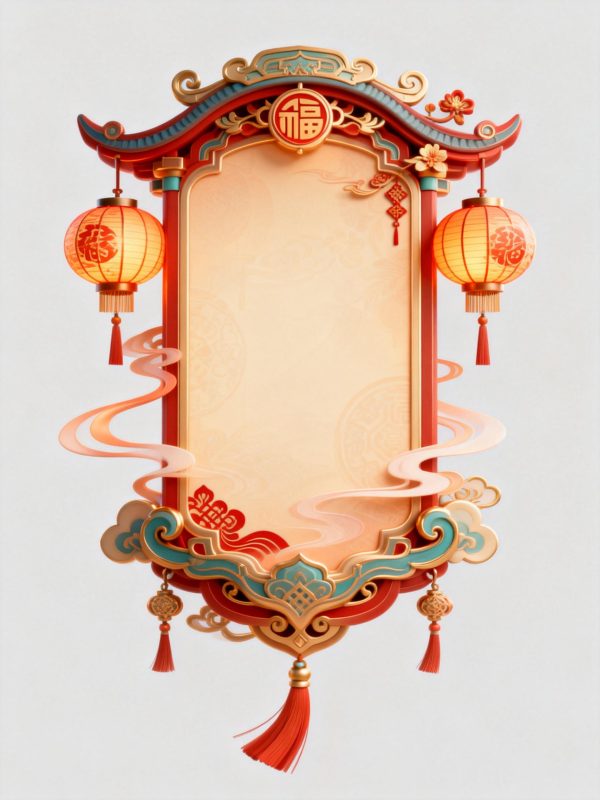 中国风古风喜庆中国新年灯笼祥云吉祥元素标题框背景-即梦ai关键词描述咒语-Ai宇宙吧-