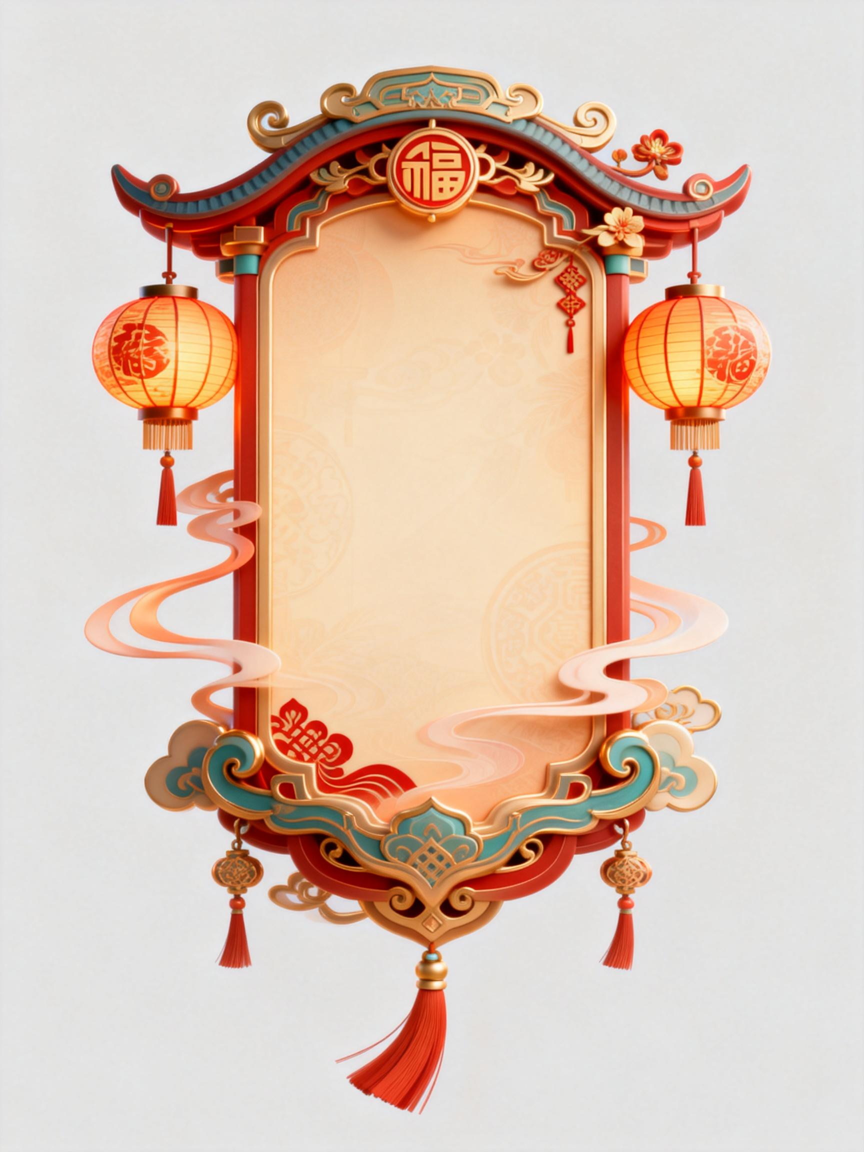 Midjourney - 中国风古风喜庆中国新年灯笼祥云吉祥元素标题框背景-即梦ai关键词描述咒语 即梦Ai-Ai宇宙吧-