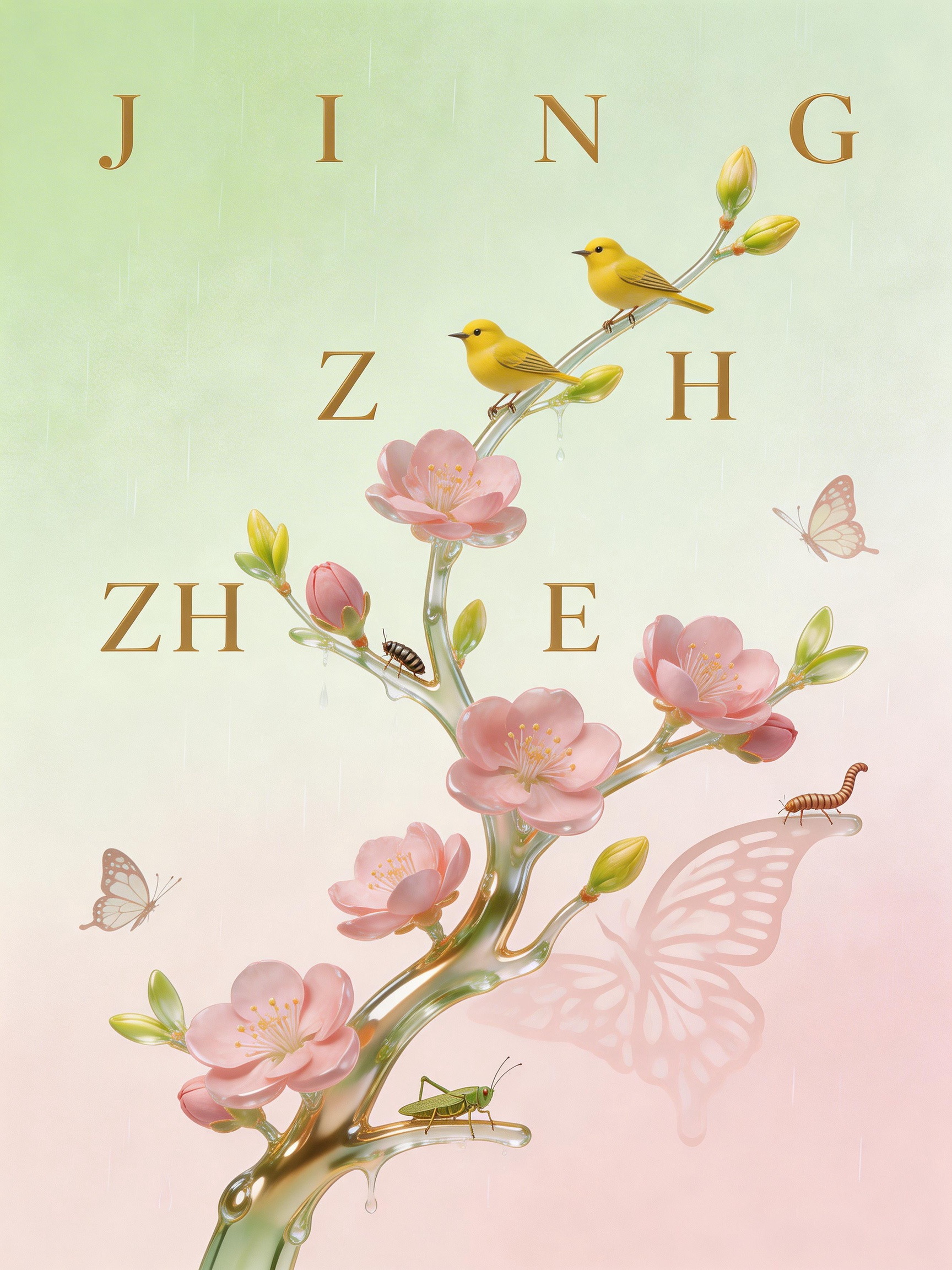 Midjourney - 新中式高端大气春天桃花嫩枝花鸟碟影惊蛰艺术海报-即梦ai关键词描述咒语 即梦Ai-Ai宇宙吧-