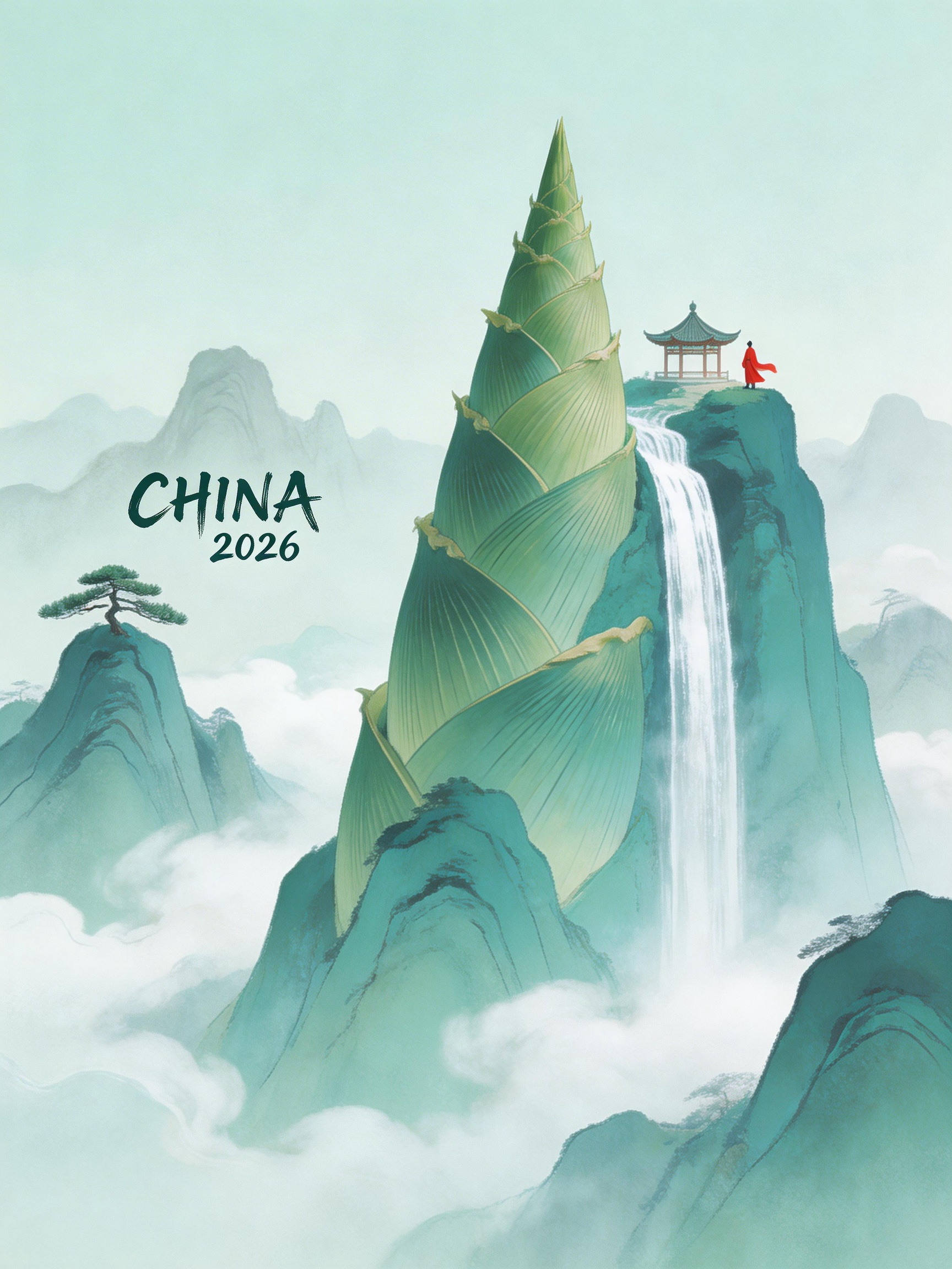 Midjourney - 新中式巨型竹笋状山峰自然山水瀑布水墨画插图海报-即梦ai关键词描述咒语 即梦Ai-Ai宇宙吧-