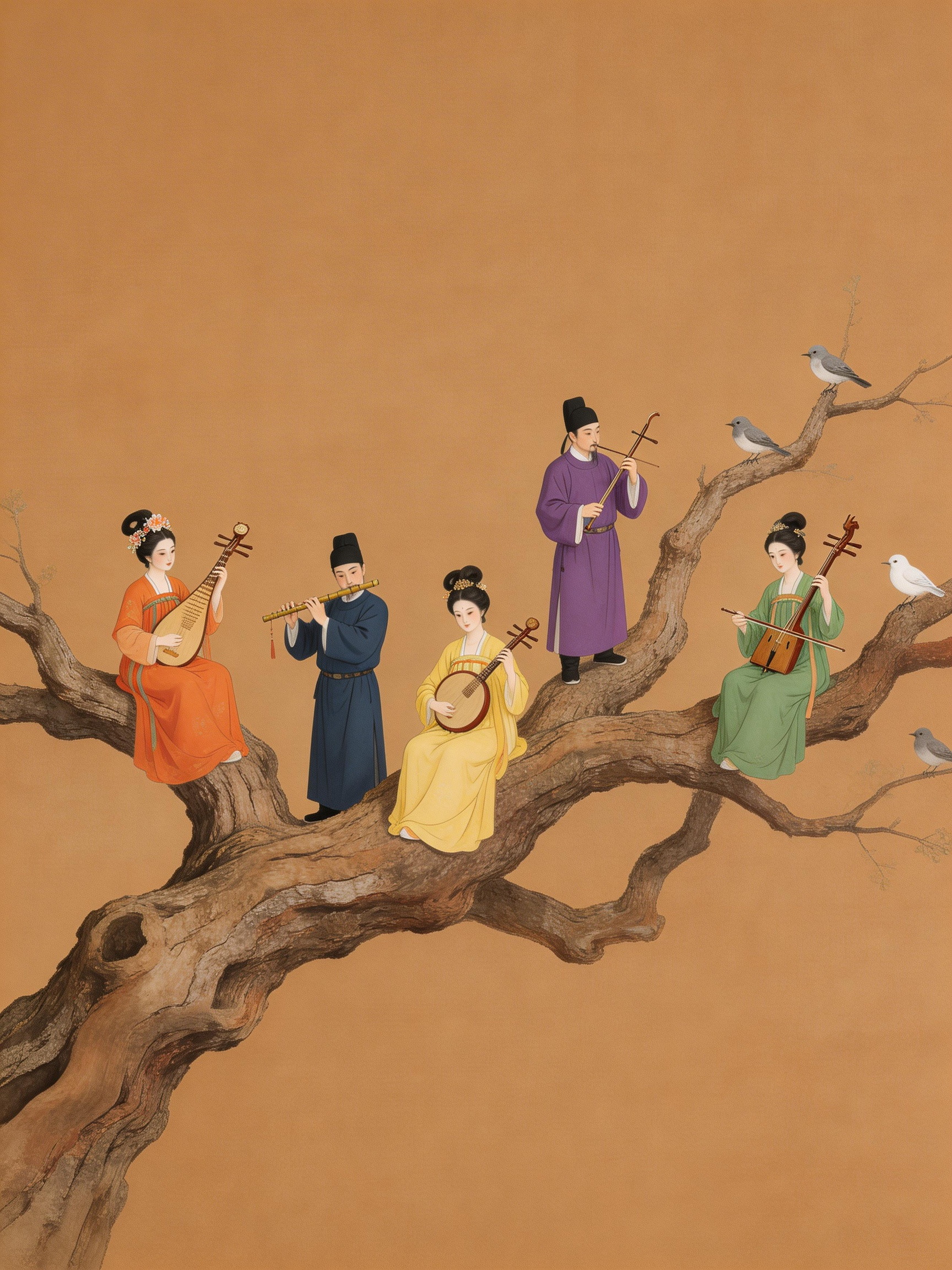 Midjourney - 手绘精致唐代宫廷乐团树枝演奏音乐场景插图海报-即梦ai关键词描述咒语 即梦Ai-Ai宇宙吧-