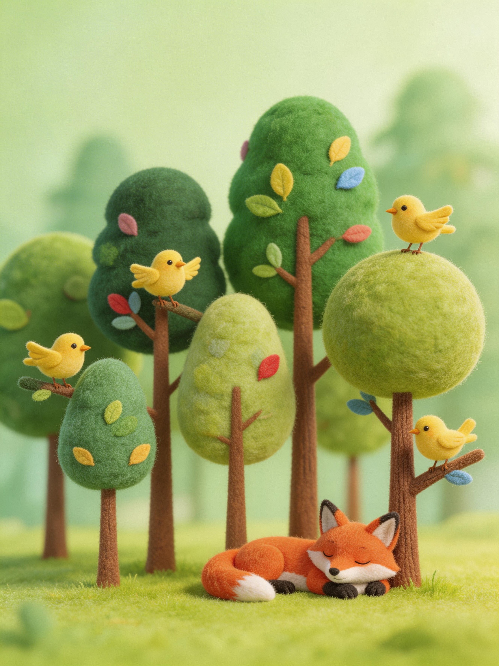 Midjourney - 绿色森林树木动物狐狸立体毛毡手工艺品插图海报-即梦ai关键词描述咒语 即梦Ai-Ai宇宙吧-