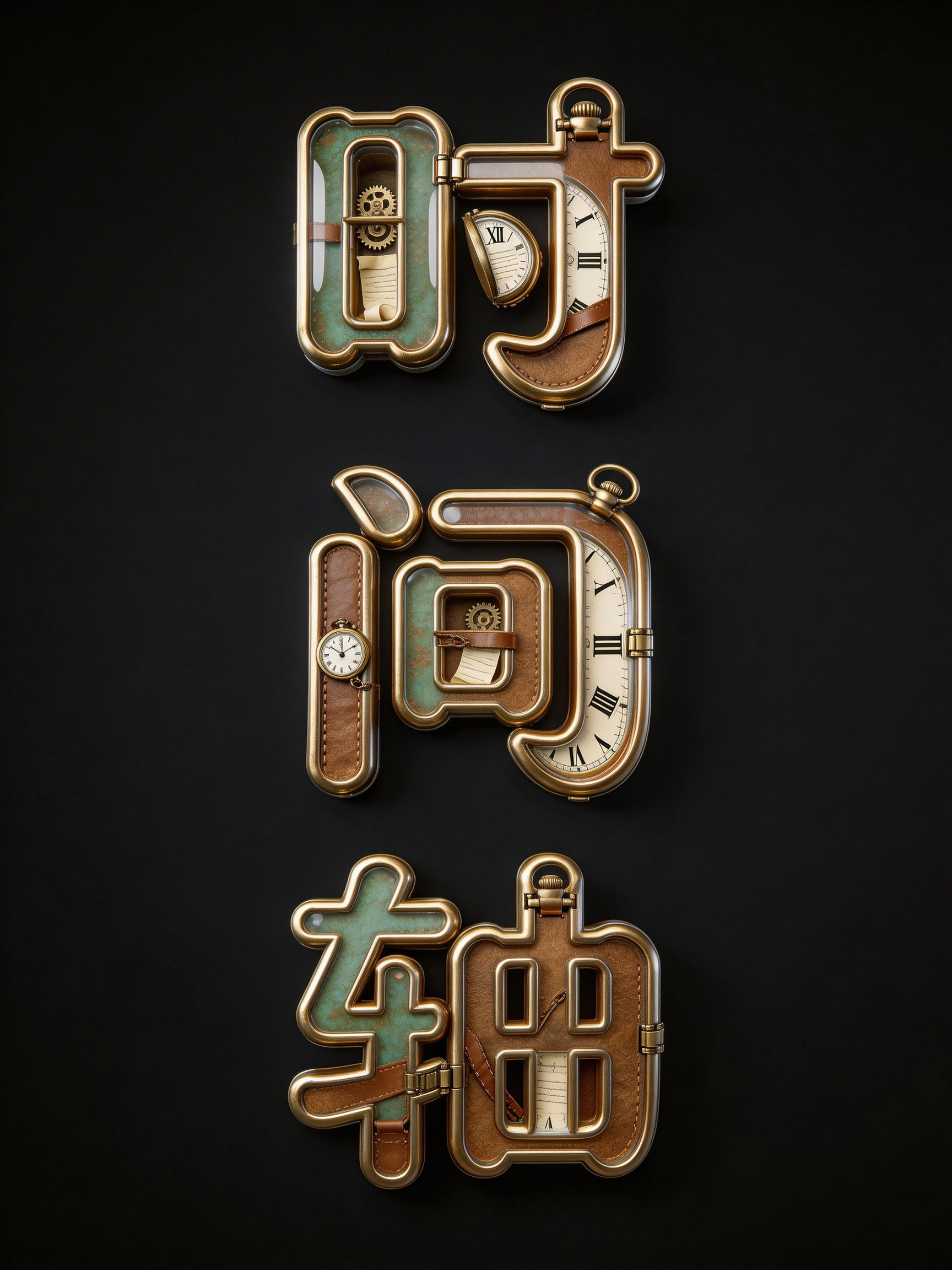 Midjourney - 怀旧复古侦探怀表手表时间轴立体海报字体设计素材-即梦ai关键词描述咒语 即梦Ai-Ai宇宙吧-