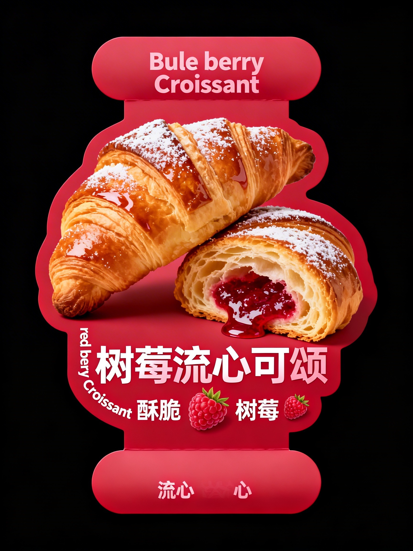 Midjourney - 树莓流心可颂甜品面包烘焙产品广告摄影海报-即梦ai关键词描述咒语 即梦Ai-Ai宇宙吧-