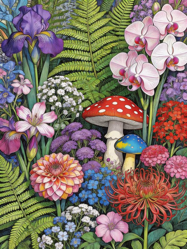 超现实主义鲜花植物蘑菇艺术梦幻春日场景插画海报-即梦ai关键词描述咒语-Ai宇宙吧-