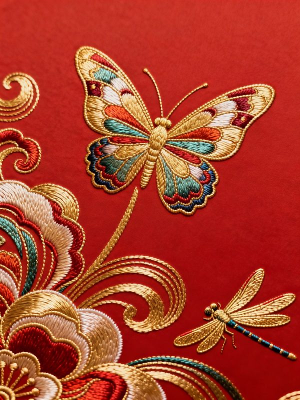 中国传统凸印金线逼真灵动蜻蜓蝴蝶刺绣艺术美学海报-即梦ai关键词描述咒语-Ai宇宙吧-