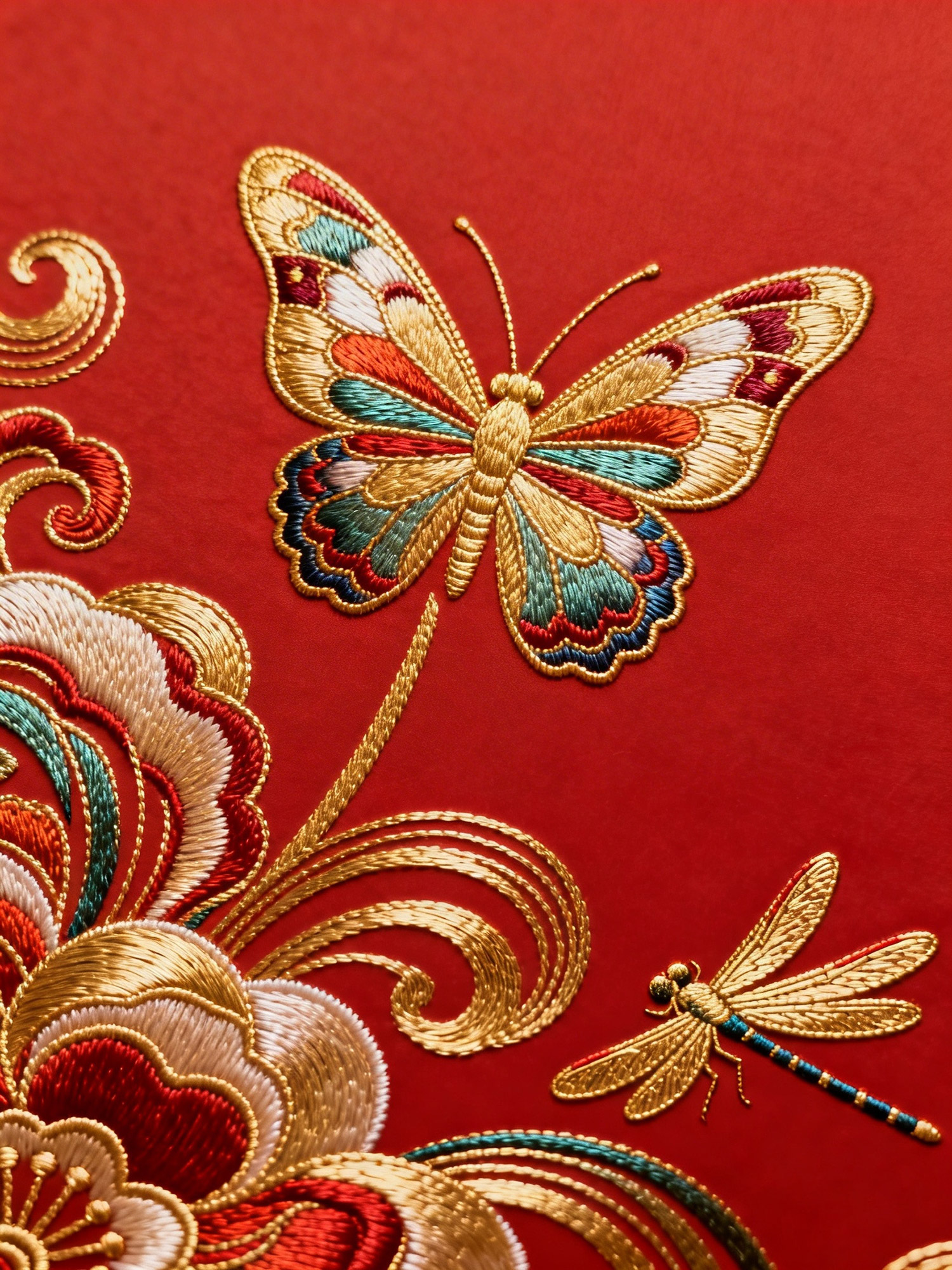 Midjourney - 中国传统凸印金线逼真灵动蜻蜓蝴蝶刺绣艺术美学海报-即梦ai关键词描述咒语 即梦Ai-Ai宇宙吧-