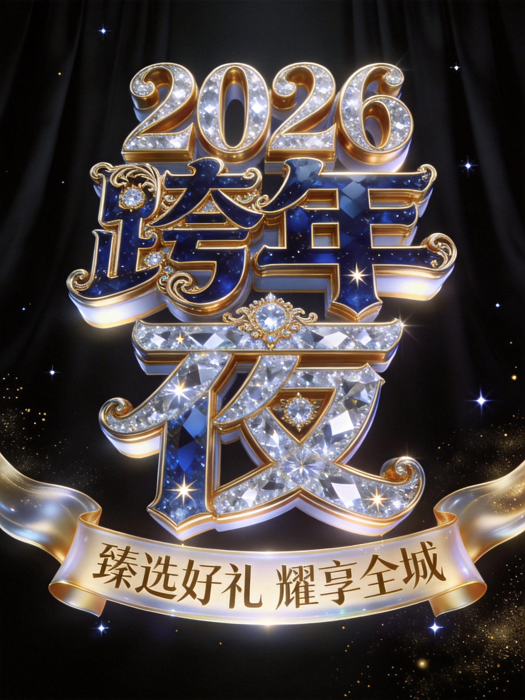 Midjourney - 3D立体华丽镀金水晶2026跨年夜海报字体设计素材-即梦ai关键词描述咒语 即梦Ai-Ai宇宙吧-