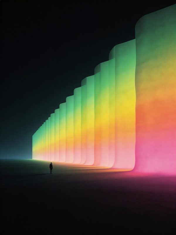 多巴胺色系渐变弥散轮廓霓虹哑光科幻层叠巨墙场景海报背景-即梦ai关键词描述咒语-Ai宇宙吧-