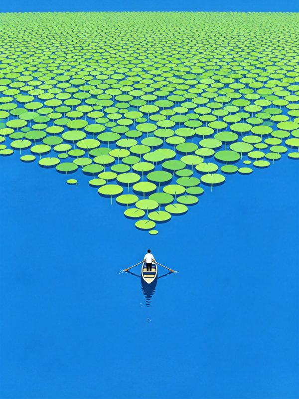 创意蓝色湖泊荷叶人物小船航拍视角扁平插画海报-即梦ai关键词描述咒语-Ai宇宙吧-