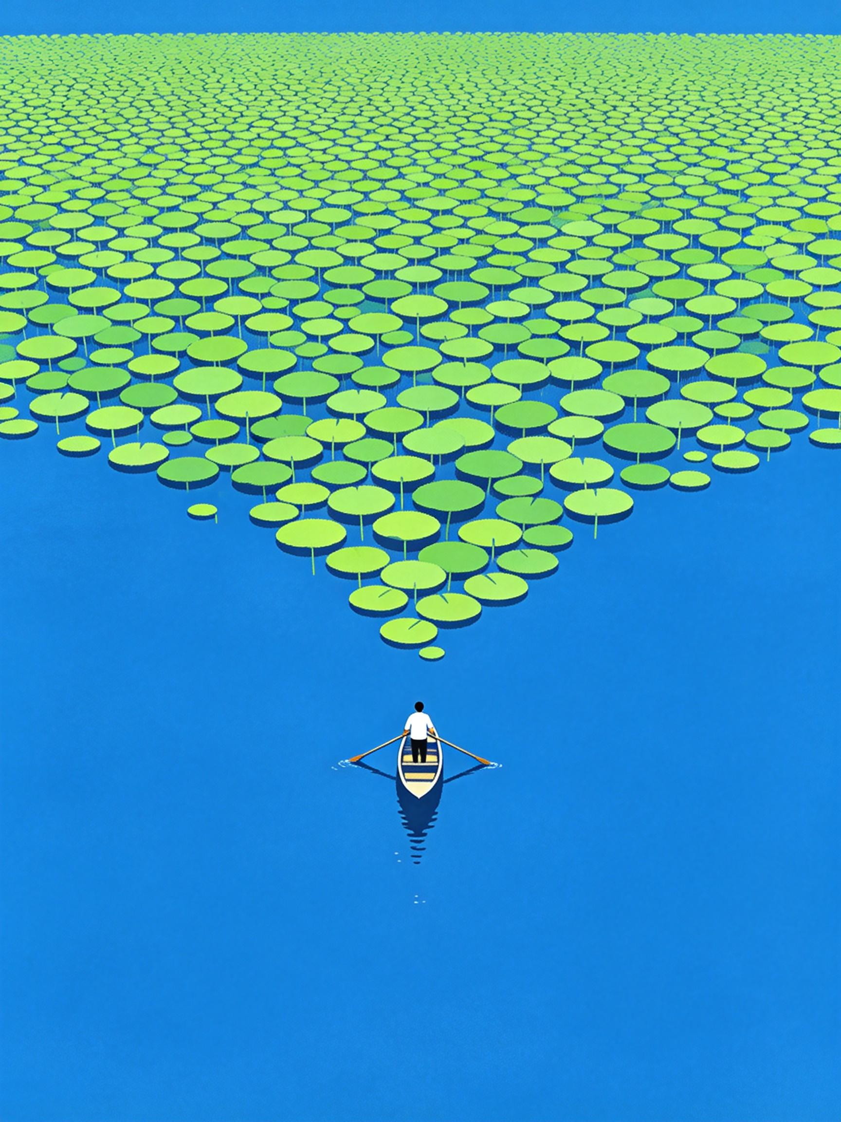 Midjourney - 创意蓝色湖泊荷叶人物小船航拍视角扁平插画海报-即梦ai关键词描述咒语 即梦Ai-Ai宇宙吧-