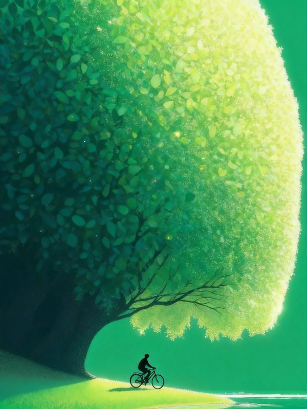 梦幻绿色巨型球形树木骑车人物剪影插画海报-即梦ai关键词描述咒语-Ai宇宙吧-