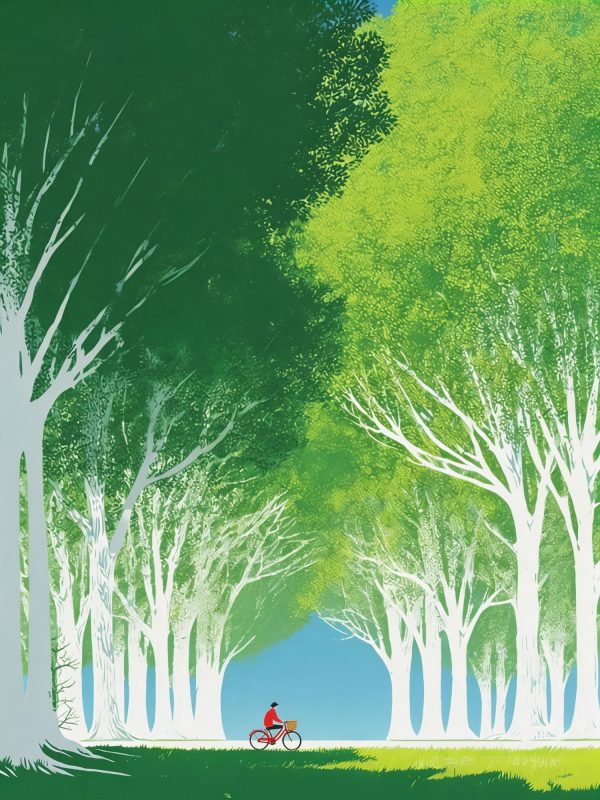 手绘绿色春天梦幻森林白杨树骑车人物剪影插画海报-即梦ai关键词描述咒语-Ai宇宙吧-