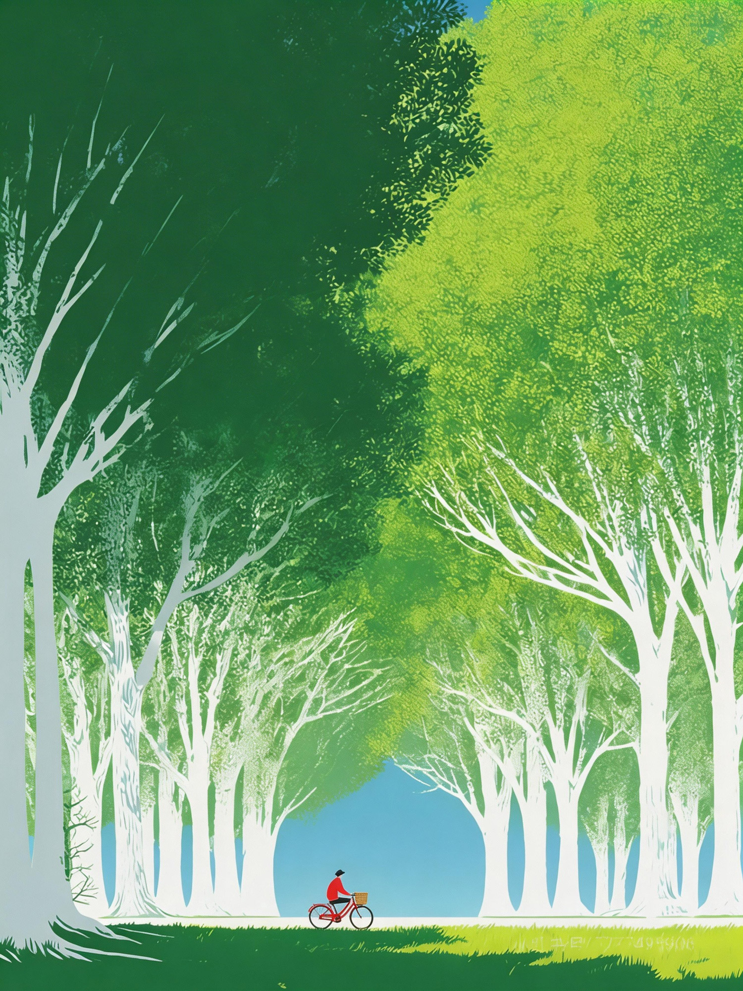 Midjourney - 手绘绿色春天梦幻森林白杨树骑车人物剪影插画海报-即梦ai关键词描述咒语 即梦Ai-Ai宇宙吧-