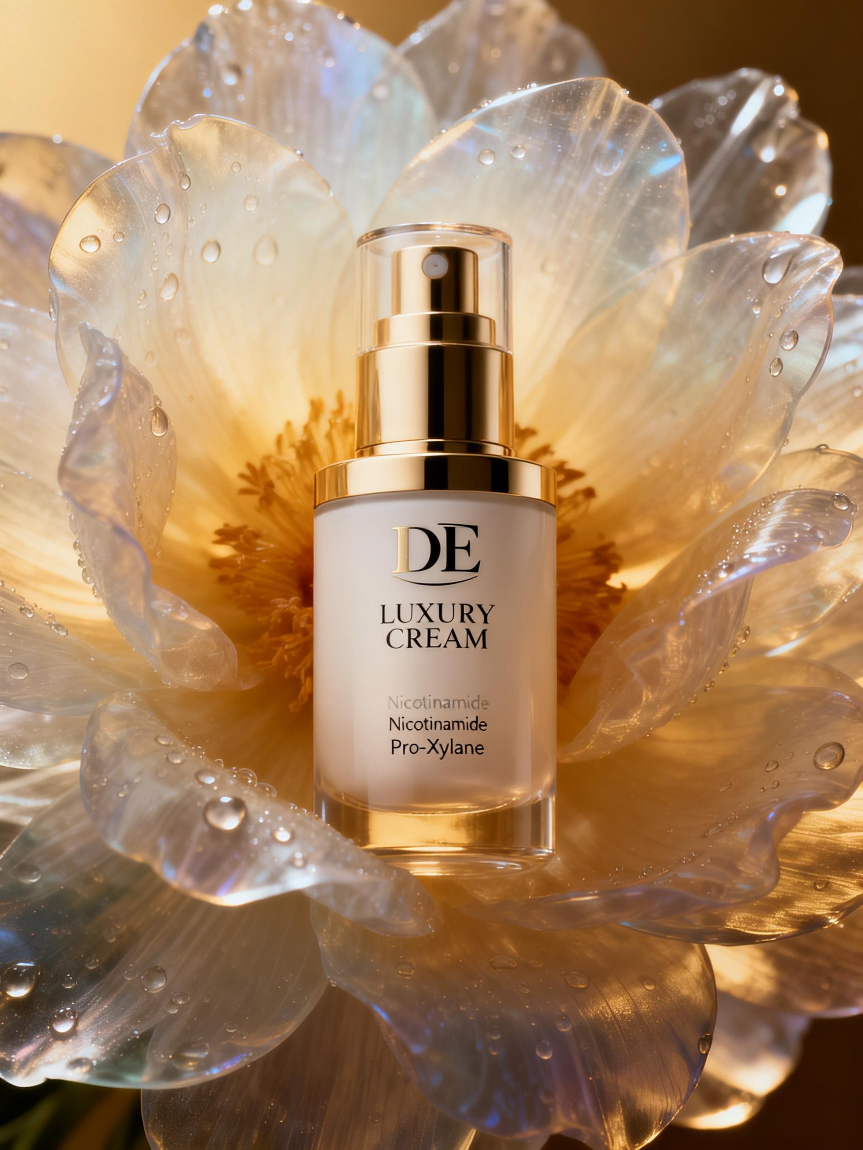 Midjourney - 高端化妆品护肤品半透明露珠花瓣场景产品摄影海报-即梦ai关键词描述咒语 即梦Ai-Ai宇宙吧-