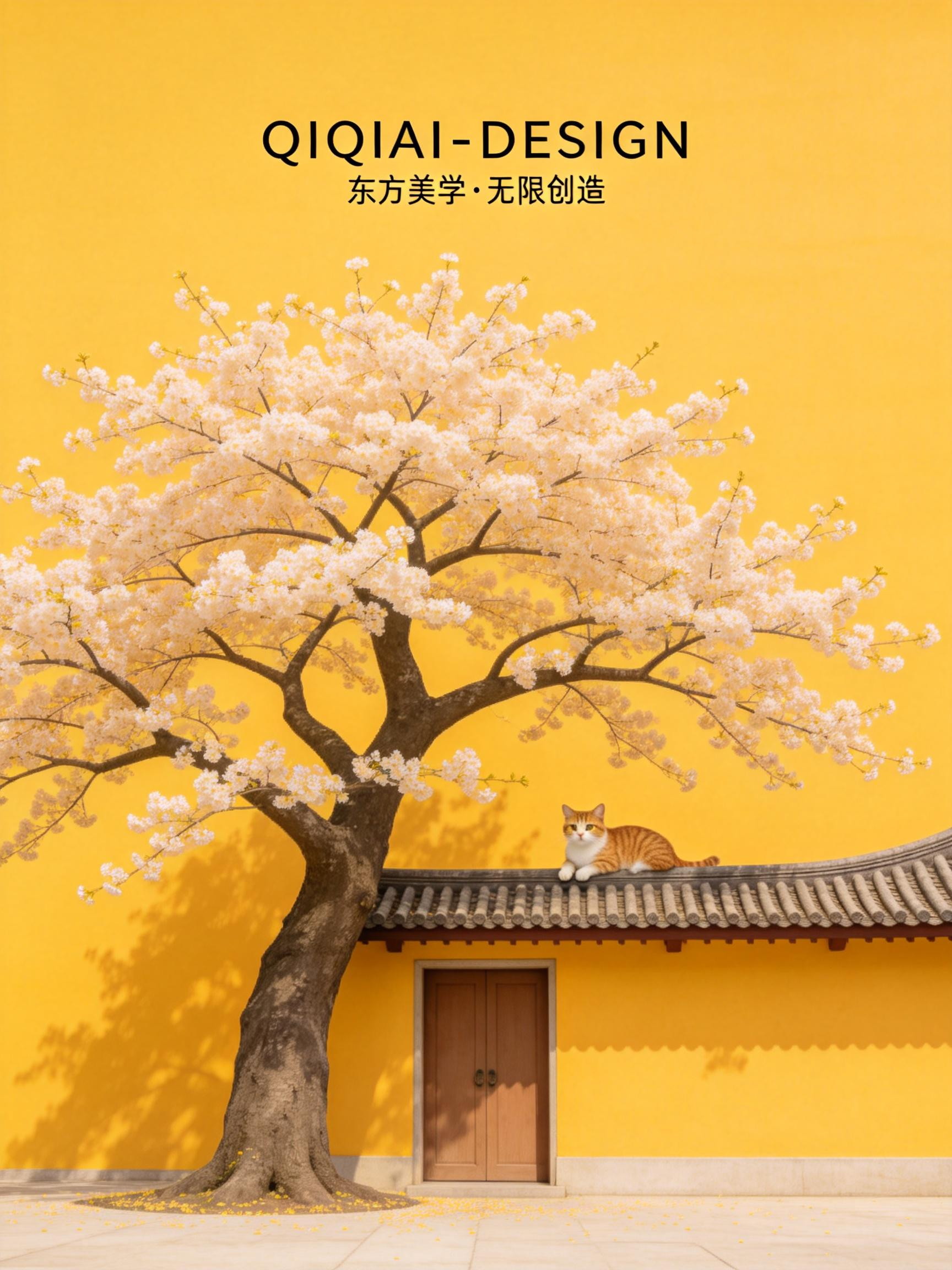 Midjourney - 黄色治愈系唯美大树繁花屋檐可爱猫咪插画海报-即梦ai关键词描述咒语 即梦Ai-Ai宇宙吧-
