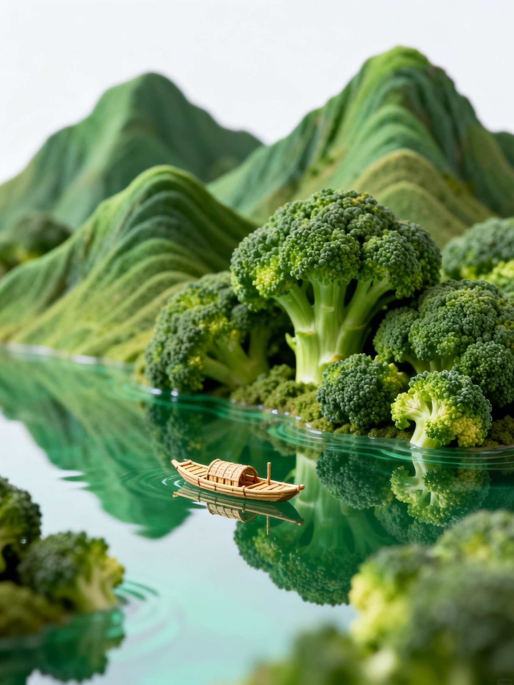 Midjourney - 创意西蓝花桂林山水竹筏船场景微距静物摄影海报-即梦ai关键词描述咒语 即梦Ai-Ai宇宙吧-