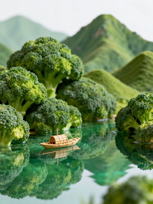 创意西蓝花桂林山水竹筏船场景微距静物摄影海报-即梦ai关键词描述咒语-Ai宇宙吧-