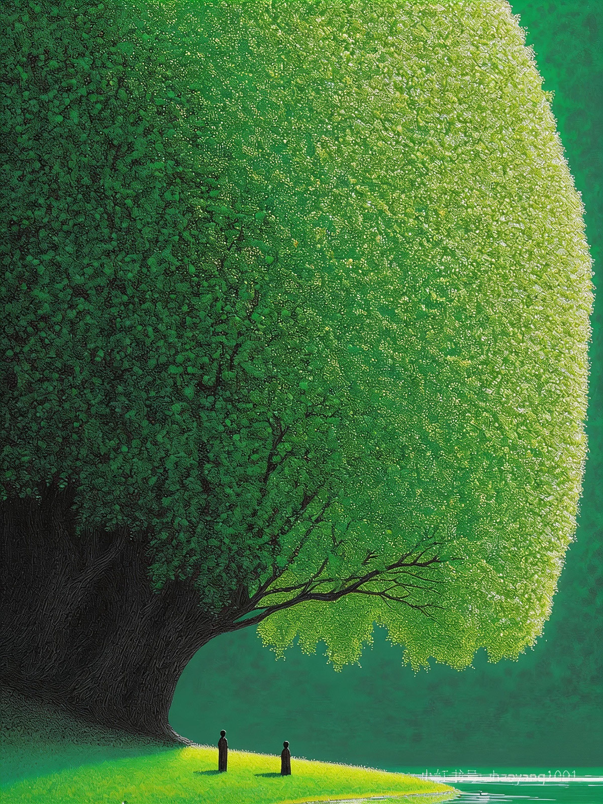 Midjourney - 治愈系梦幻绿色巨型树木迷你人物剪影插画海报-即梦ai关键词描述咒语 即梦Ai-Ai宇宙吧-