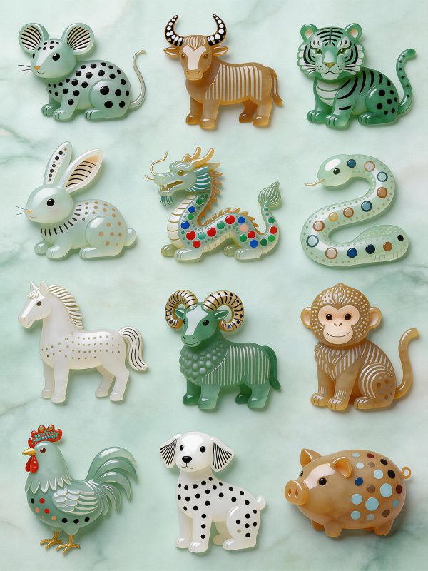 草间弥生风格波点条纹印花图案十二生肖形象和田玉材质立体模型-即梦ai关键词描述咒语-Ai宇宙吧-