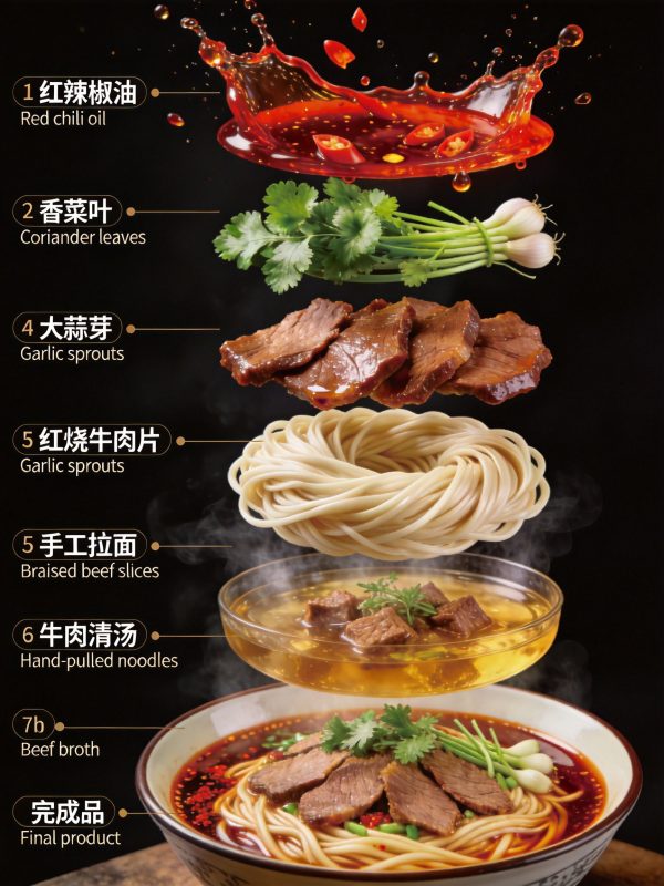 创意牛肉面分解图垂直展开视图商业美食摄影海报-即梦ai关键词描述咒语-Ai宇宙吧-