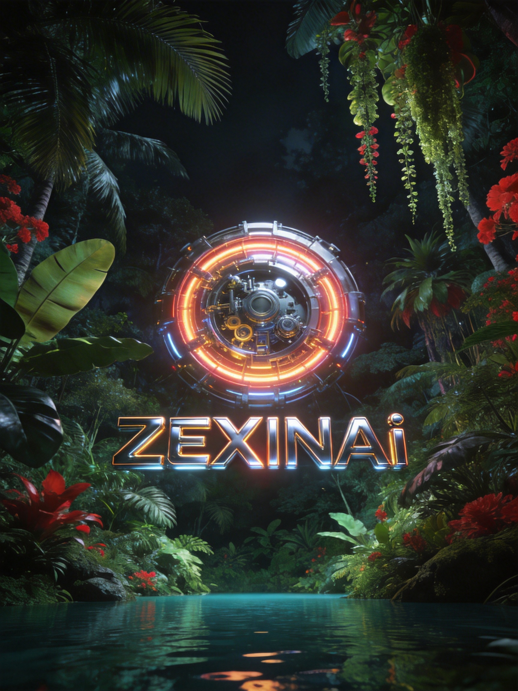 Midjourney - 未来科技感圆形机械装置茂密热带植物棕榈叶场景海报-即梦ai关键词描述咒语 即梦Ai-Ai宇宙吧-